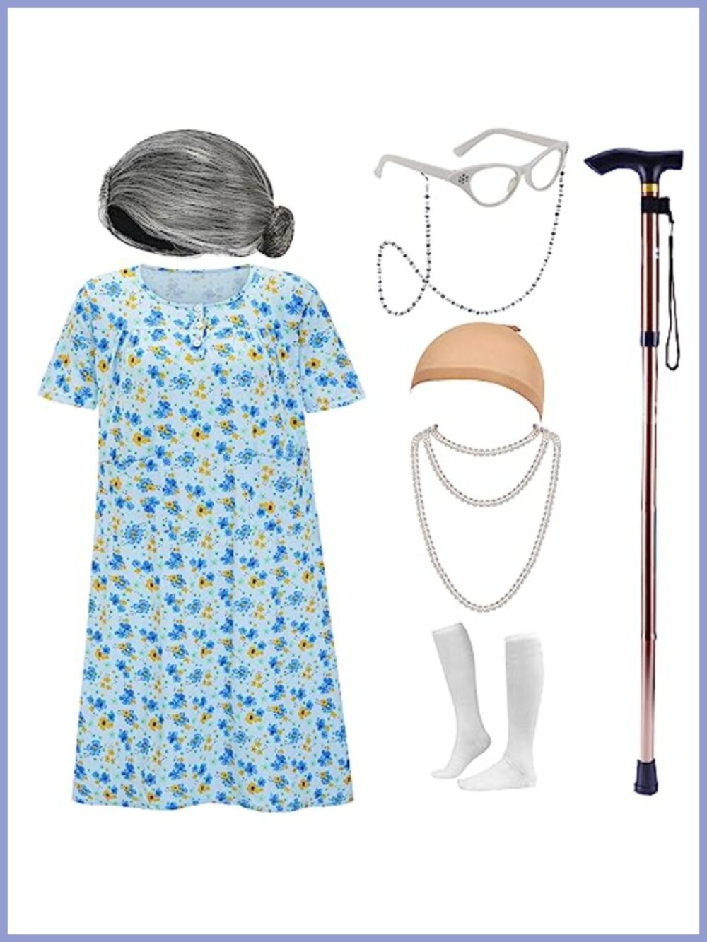 Old Lady Costume Dress Wig Cane 8-Piece Set Women Halloween Granny Outfit